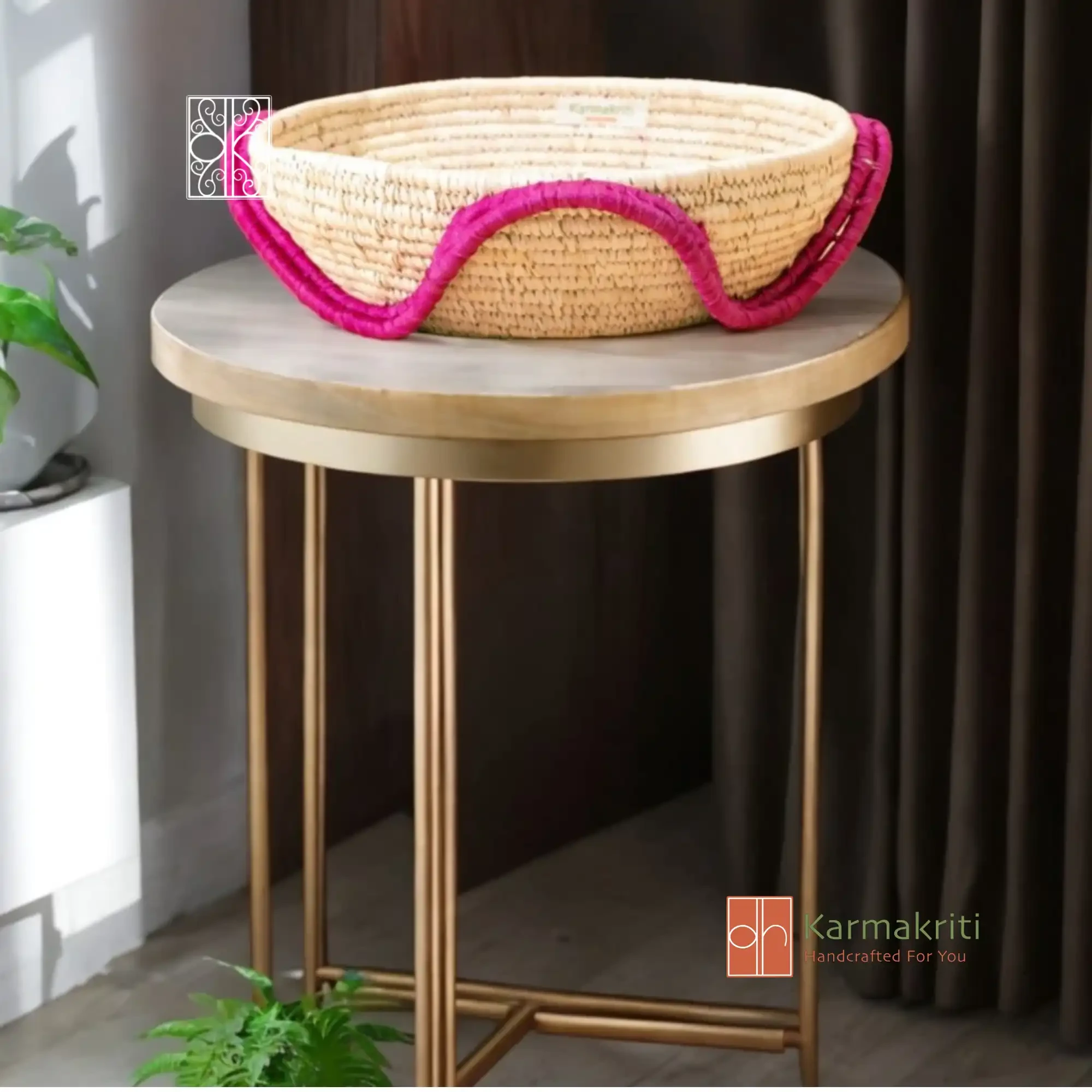 Buy a Round wicker Coffee Table Organizer - Pink and natural for the best price in India on Karmakriti.com
